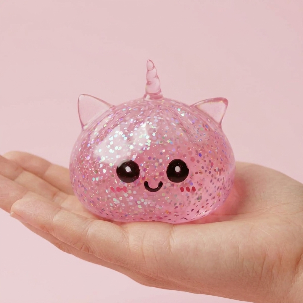 Squishy Dumpling Licorne Rose Glitter tenu en main, taille réelle