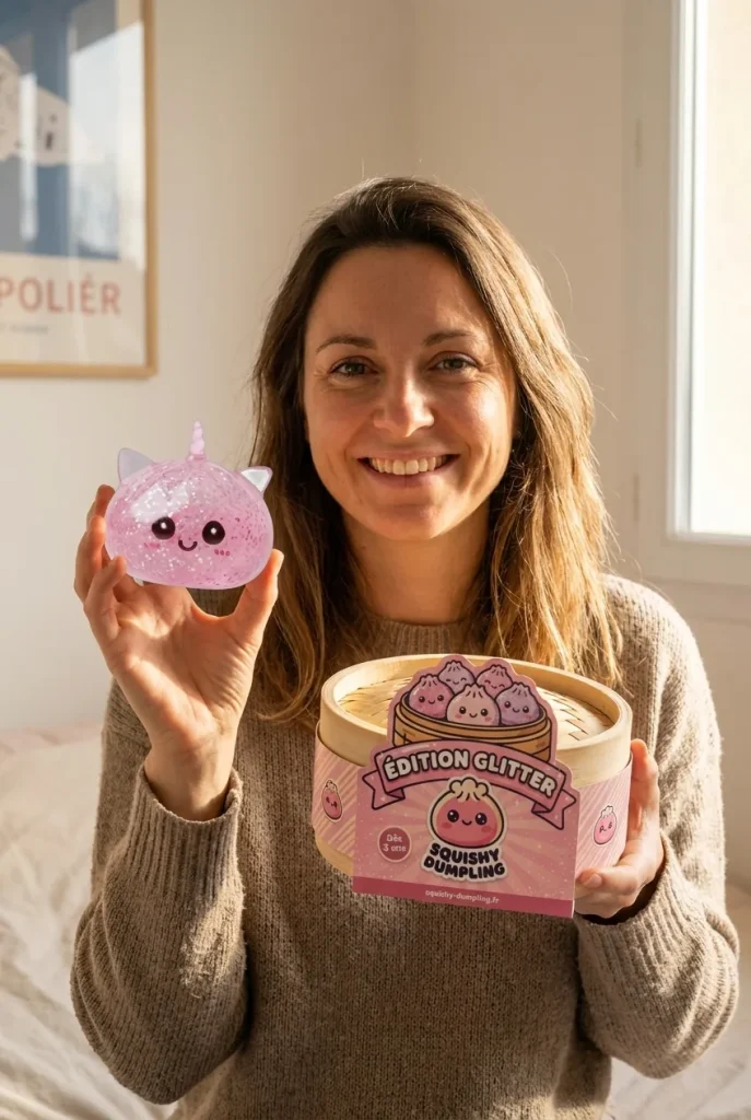 Squishy Dumpling Licorne Rose Glitter présenté avec sa boîte panier vapeur — photo client