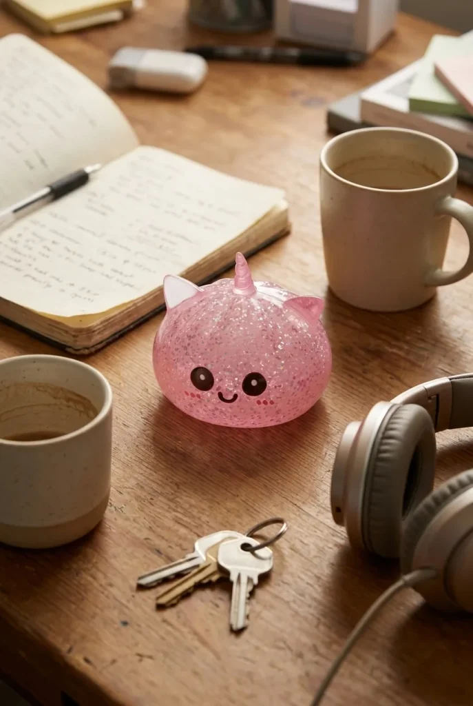 Squishy Dumpling Licorne Rose Glitter posé sur un bureau, dans le quotidien