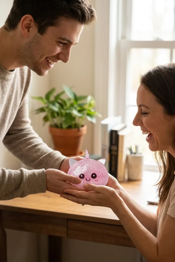 Squishy Dumpling Licorne Rose Glitter offert en cadeau entre deux personnes