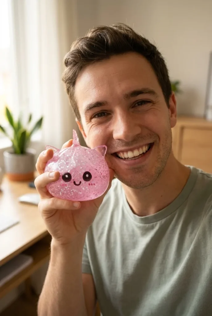 Squishy Dumpling Licorne Rose Glitter tenu près du visage — photo client