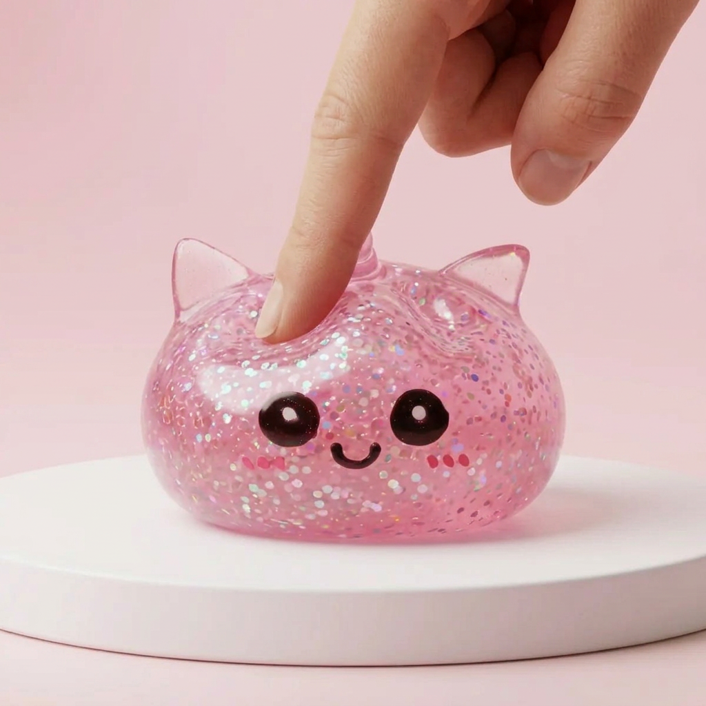 Squishy Dumpling Licorne Rose Glitter pressé dans la main, matière squishy