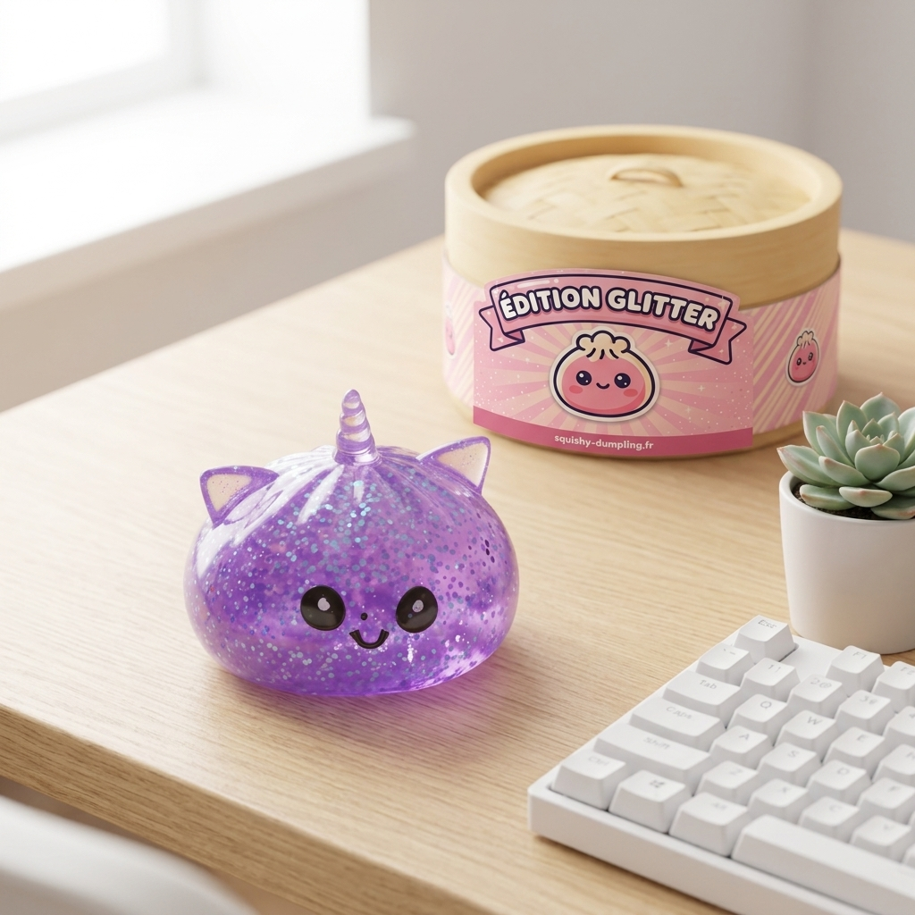 Squishy Dumpling Licorne Violette Glitter en ambiance sur un bureau