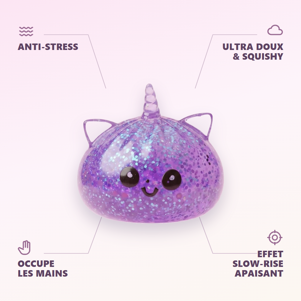 Squishy Dumpling Licorne Violette Glitter — anti-stress, ultra doux, effet slow-rise