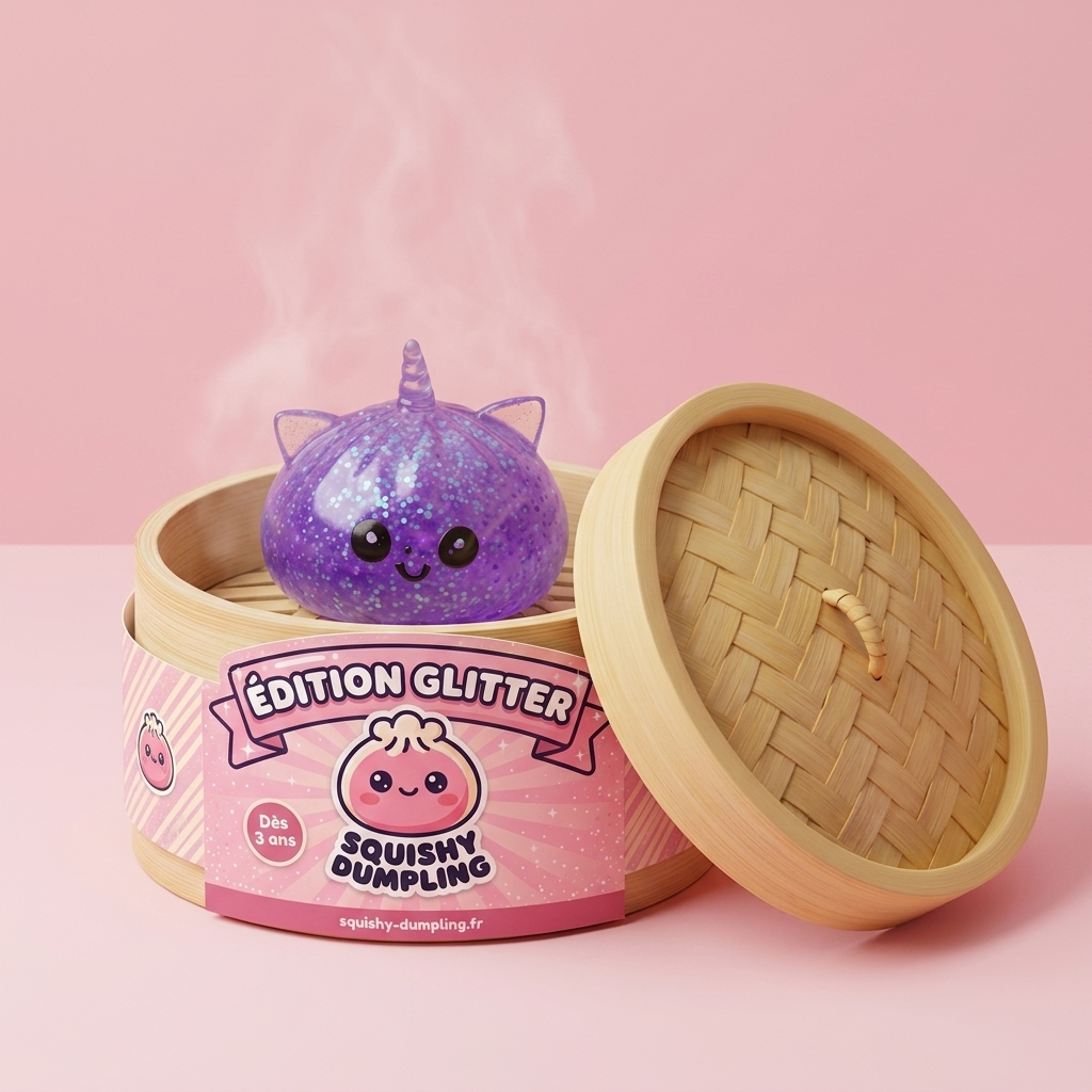 Squishy Dumpling Licorne Violette Glitter dans sa boîte panier vapeur façon bambou