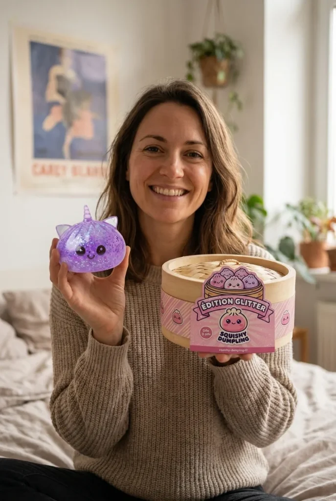 Squishy Dumpling Licorne Violette Glitter présenté avec sa boîte panier vapeur — photo client