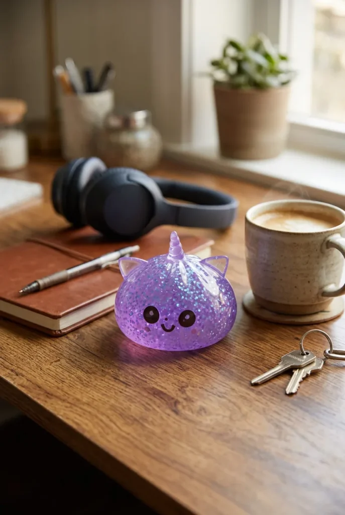 Squishy Dumpling Licorne Violette Glitter posé sur un bureau, dans le quotidien