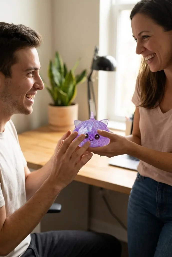 Squishy Dumpling Licorne Violette Glitter offert en cadeau entre deux personnes