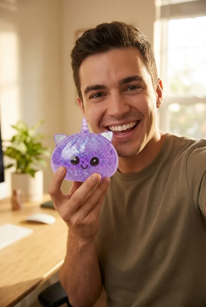 Squishy Dumpling Licorne Violette Glitter tenu près du visage — photo client