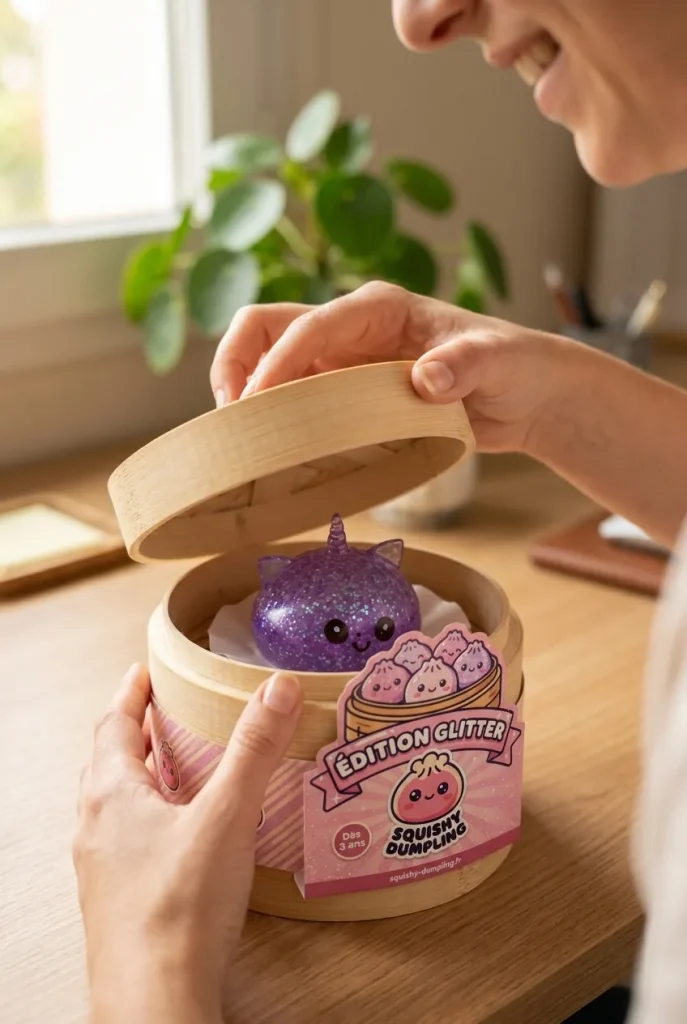 Déballage du Squishy Dumpling Licorne Violette Glitter — la boîte panier vapeur s'ouvre