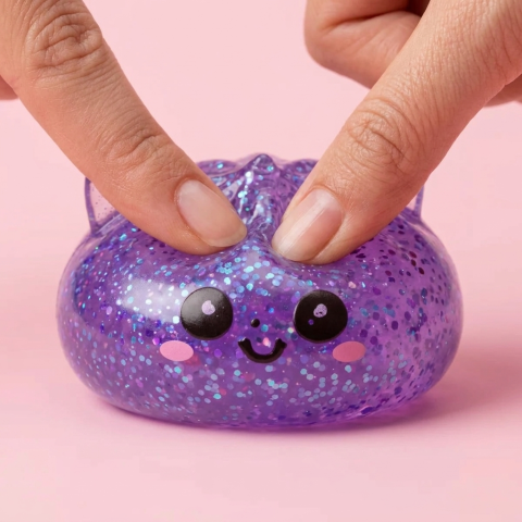 Squishy Dumpling Licorne Violette Glitter pressé dans la main, matière squishy