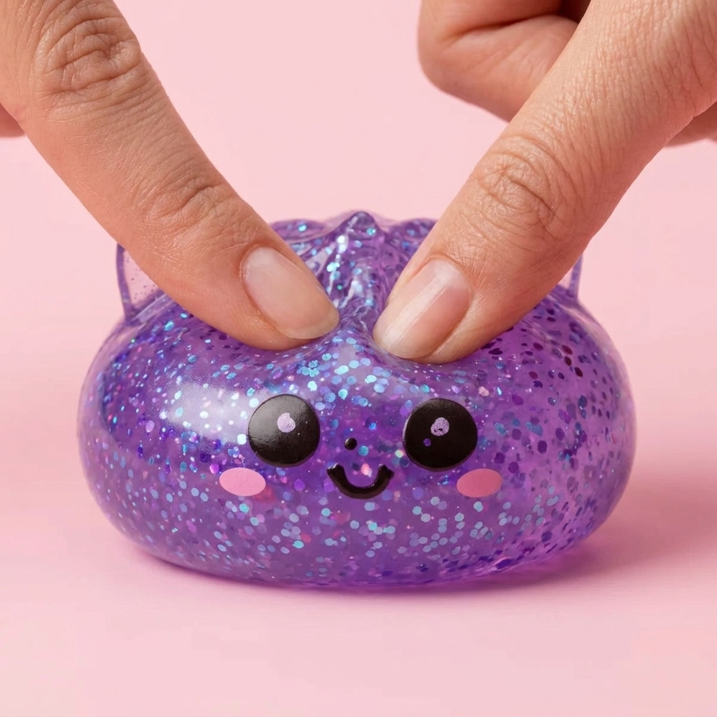 Squishy Dumpling Licorne Violette Glitter pressé dans la main, matière squishy