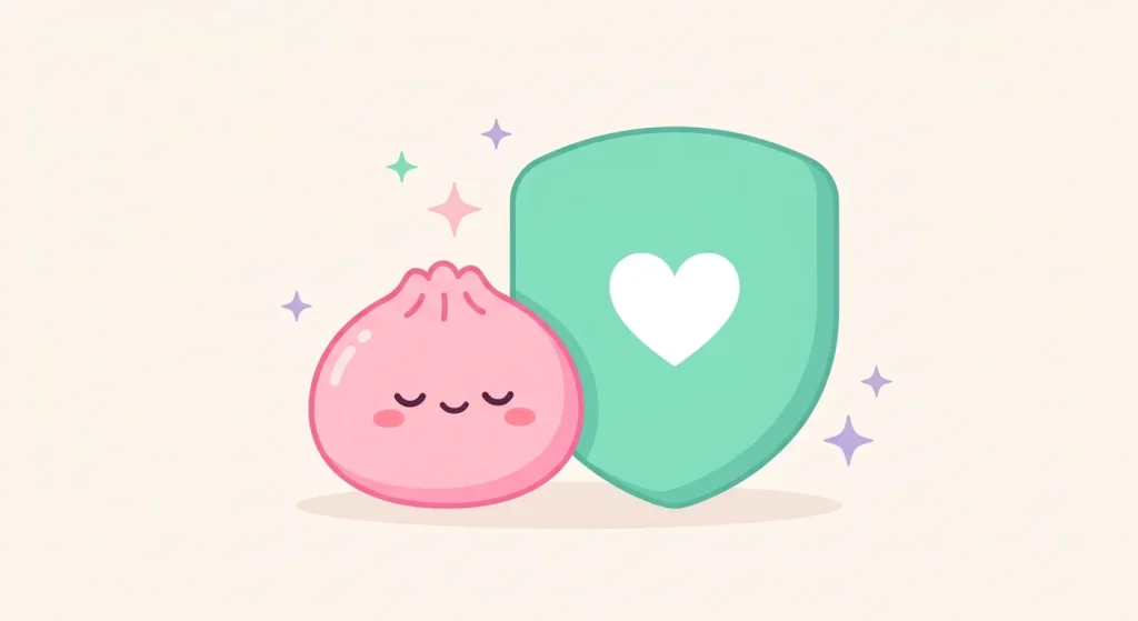 Illustration kawaii d'un squishy dumpling rose a cote d'un bouclier menthe, symbole de securite