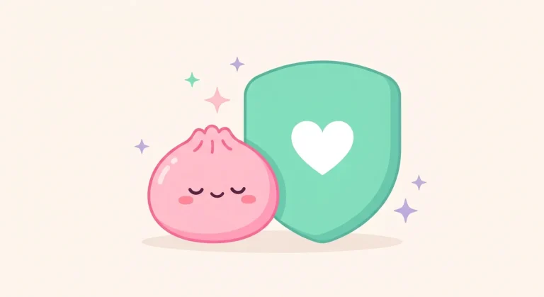 Illustration kawaii d'un squishy dumpling rose a cote d'un bouclier menthe, symbole de securite