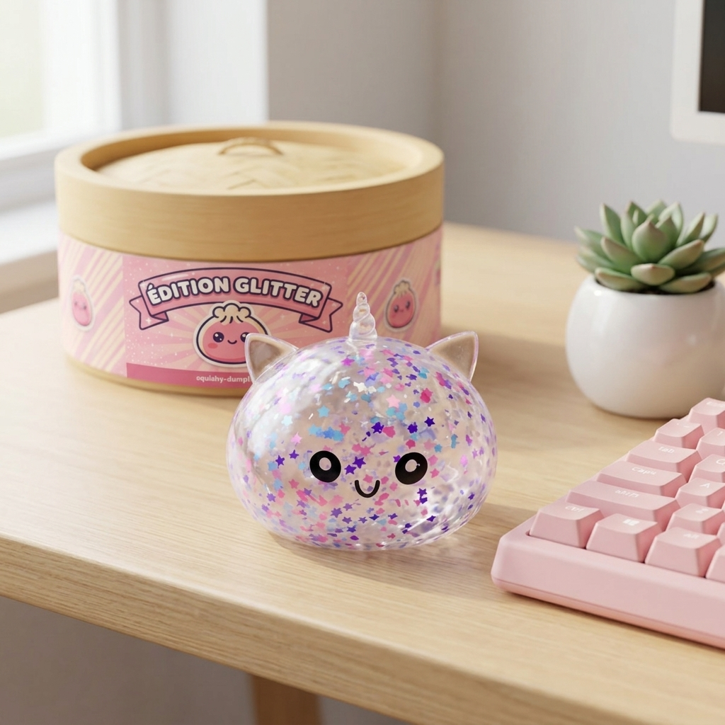 Dumpling Squishy Licorne Blanche Sparkle en ambiance sur un bureau