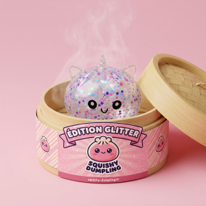 Dumpling Squishy Licorne Blanche Sparkle dans sa boîte panier vapeur façon bambou