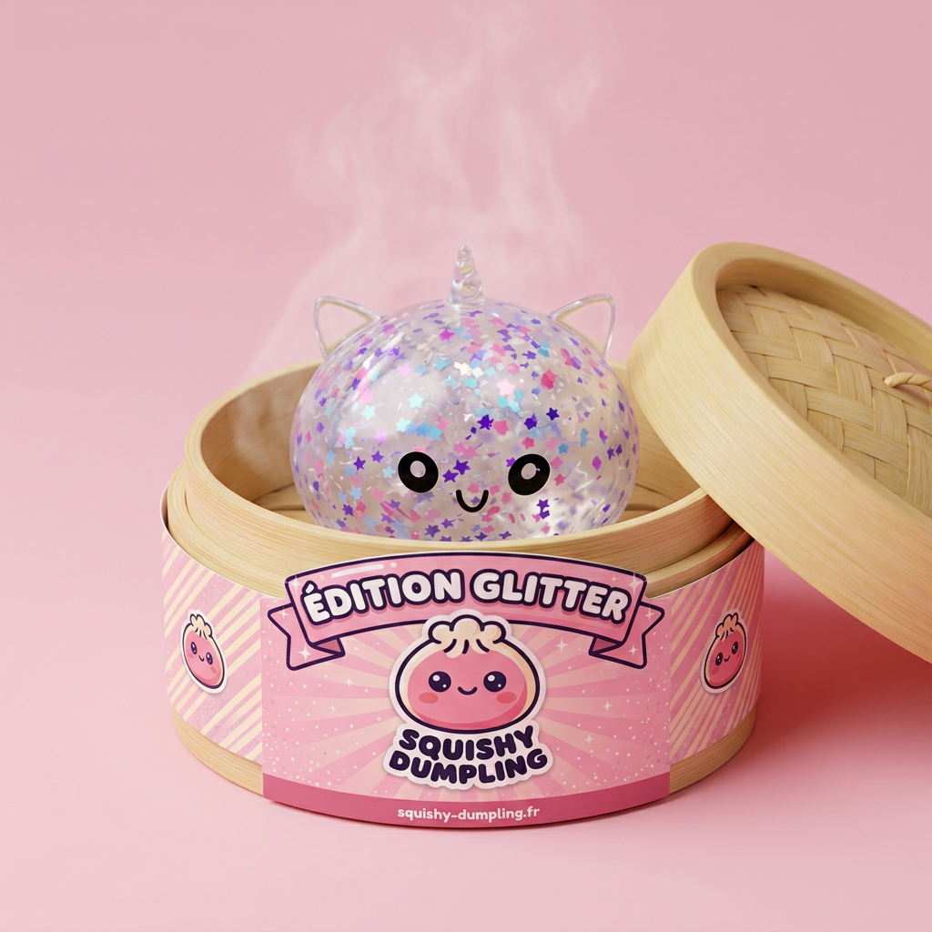 Dumpling Squishy Licorne Blanche Sparkle dans sa boîte panier vapeur façon bambou