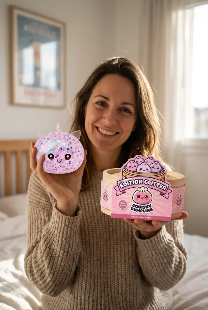 Dumpling Squishy Licorne Blanche Sparkle présenté avec sa boîte panier vapeur — photo client