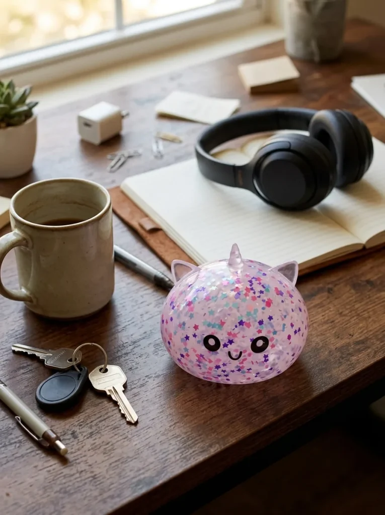 Dumpling Squishy Licorne Blanche Sparkle posé sur un bureau, dans le quotidien