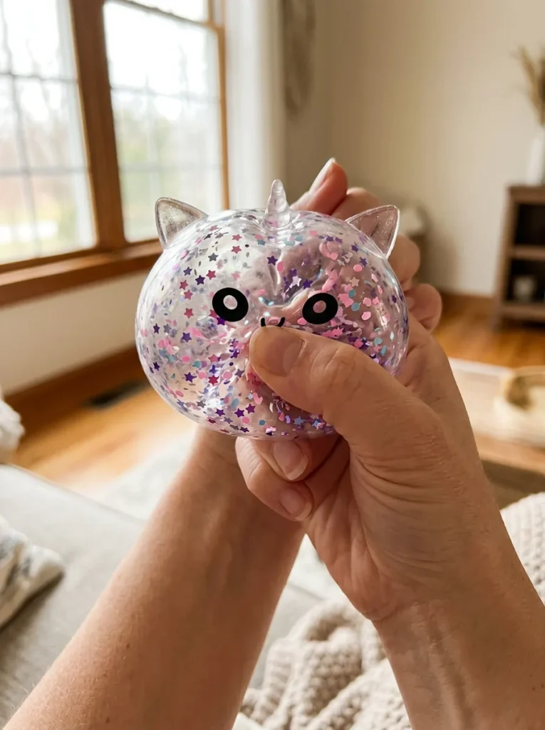 Dumpling Squishy Licorne Blanche Sparkle pressé dans la main — effet squishy slow-rise