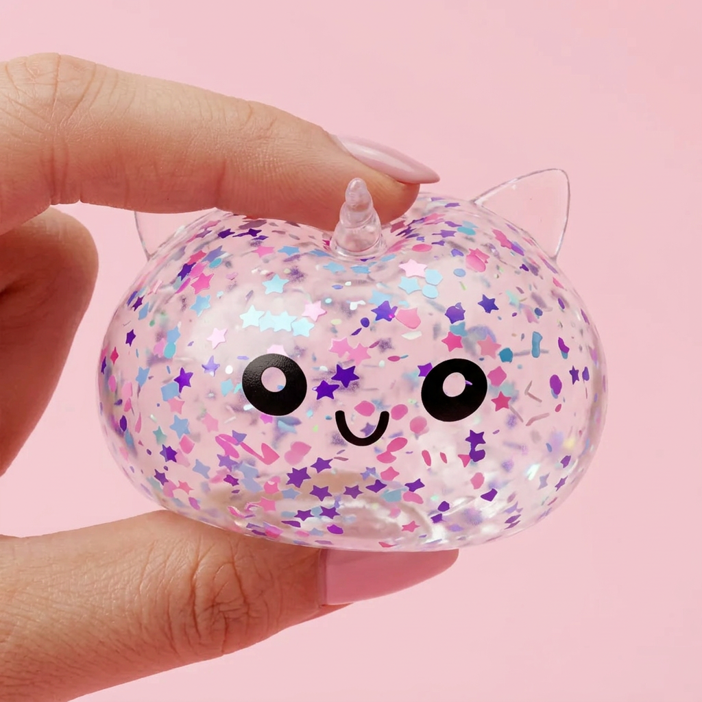 Dumpling Squishy Licorne Blanche Sparkle pressé dans la main, matière squishy