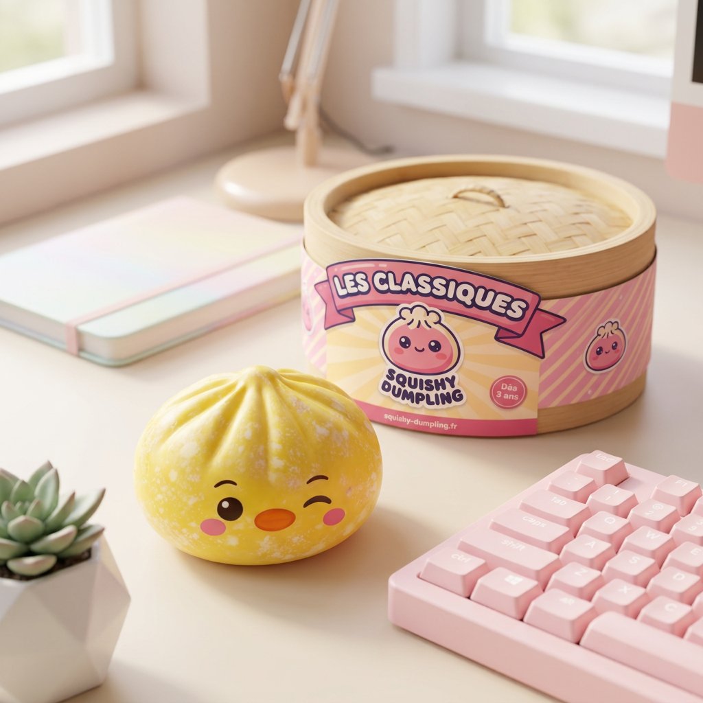 Squishy Dumpling Pingouin Jaune Beurre en ambiance sur un bureau