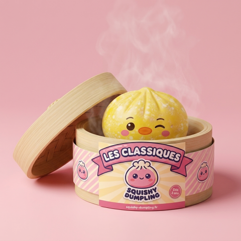 Squishy Dumpling Pingouin Jaune Beurre dans sa boîte panier vapeur façon bambou