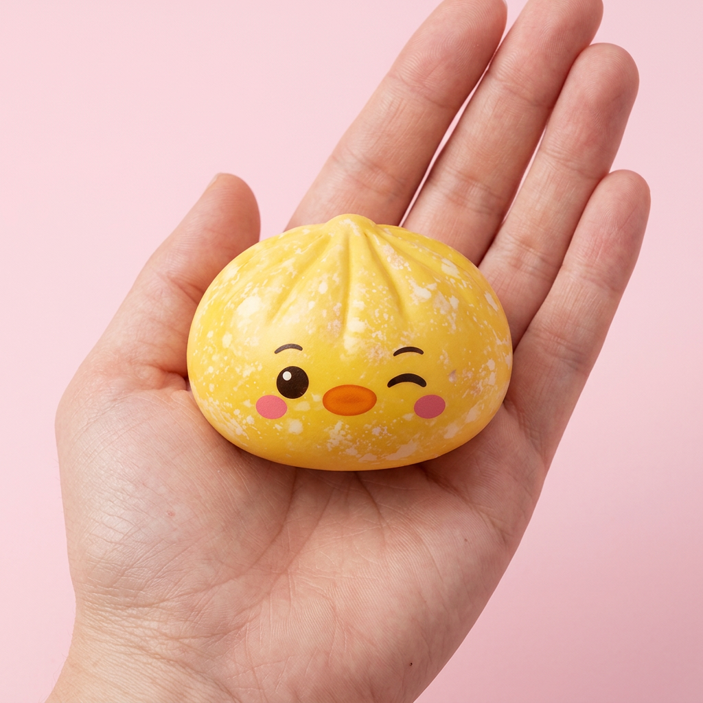 Squishy Dumpling Pingouin Jaune Beurre tenu en main, taille réelle