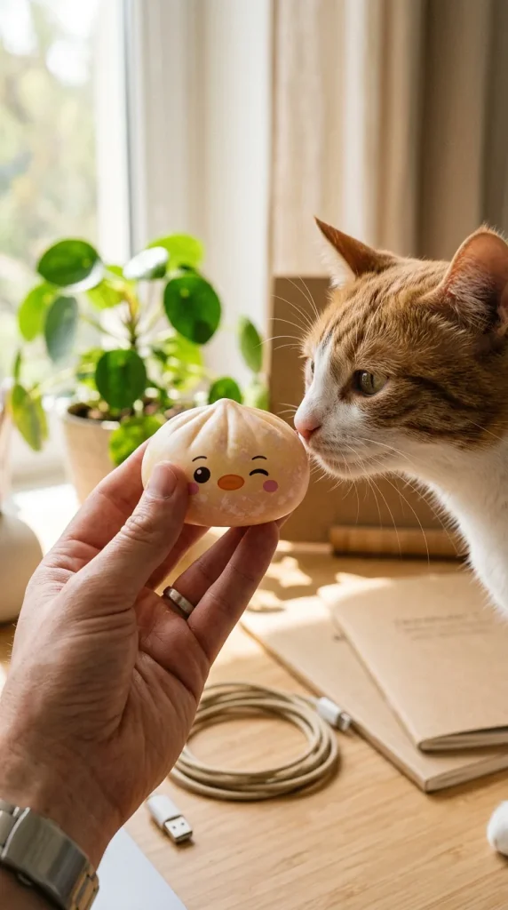 Squishy Dumpling Pingouin Jaune Beurre tenu près d'un animal de compagnie curieux