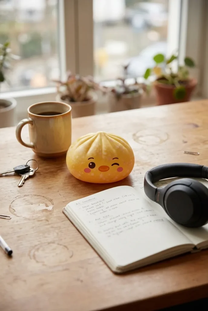 Squishy Dumpling Pingouin Jaune Beurre posé sur un bureau, dans le quotidien