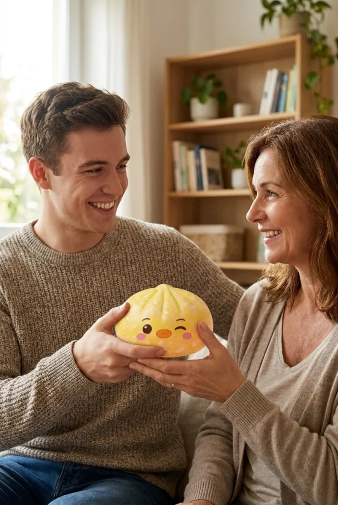 Squishy Dumpling Pingouin Jaune Beurre offert en cadeau entre deux personnes