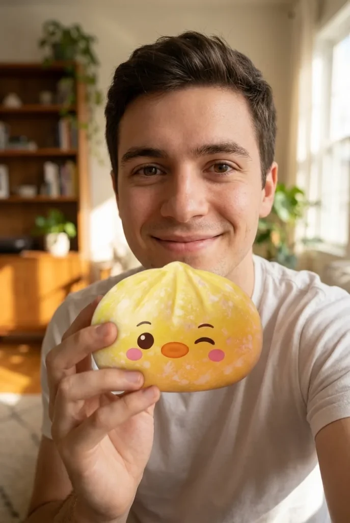 Squishy Dumpling Pingouin Jaune Beurre tenu près du visage — photo client