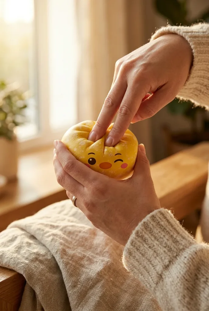 Squishy Dumpling Pingouin Jaune Beurre pressé dans la main — effet squishy slow-rise