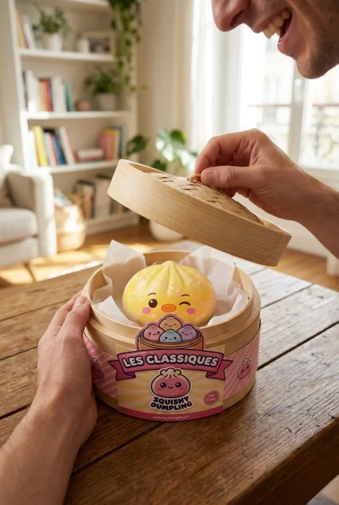 Déballage du Squishy Dumpling Pingouin Jaune Beurre — la boîte panier vapeur s'ouvre