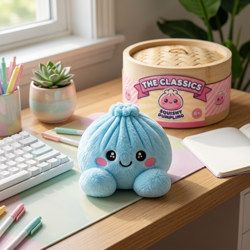 Squishy Dumpling Bleu Ciel en Peluche en ambiance sur un bureau