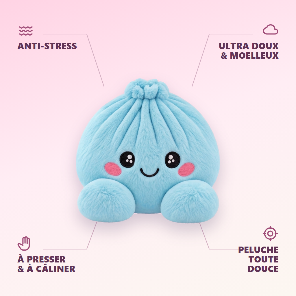 Squishy Dumpling Bleu Ciel en Peluche — anti-stress, ultra doux, effet slow-rise