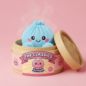 Squishy Dumpling Bleu Ciel en Peluche dans sa boîte panier vapeur façon bambou