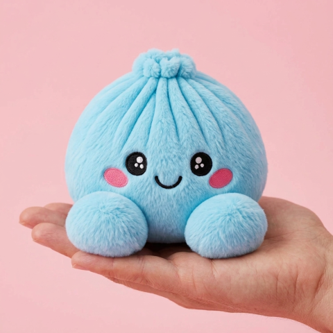 Squishy Dumpling Bleu Ciel en Peluche tenu en main, taille réelle