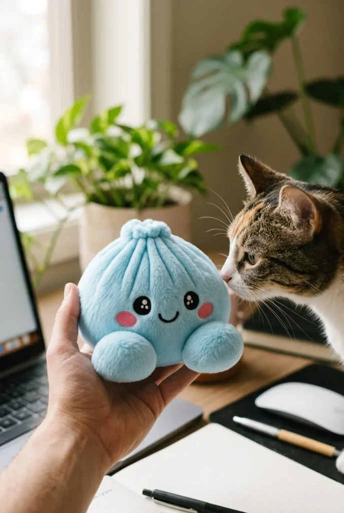 Squishy Dumpling Bleu Ciel en Peluche tenu près d'un animal de compagnie curieux