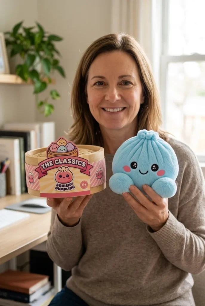 Squishy Dumpling Bleu Ciel en Peluche présenté avec sa boîte panier vapeur — photo client