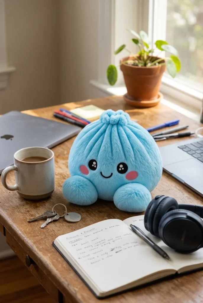 Squishy Dumpling Bleu Ciel en Peluche posé sur un bureau, dans le quotidien