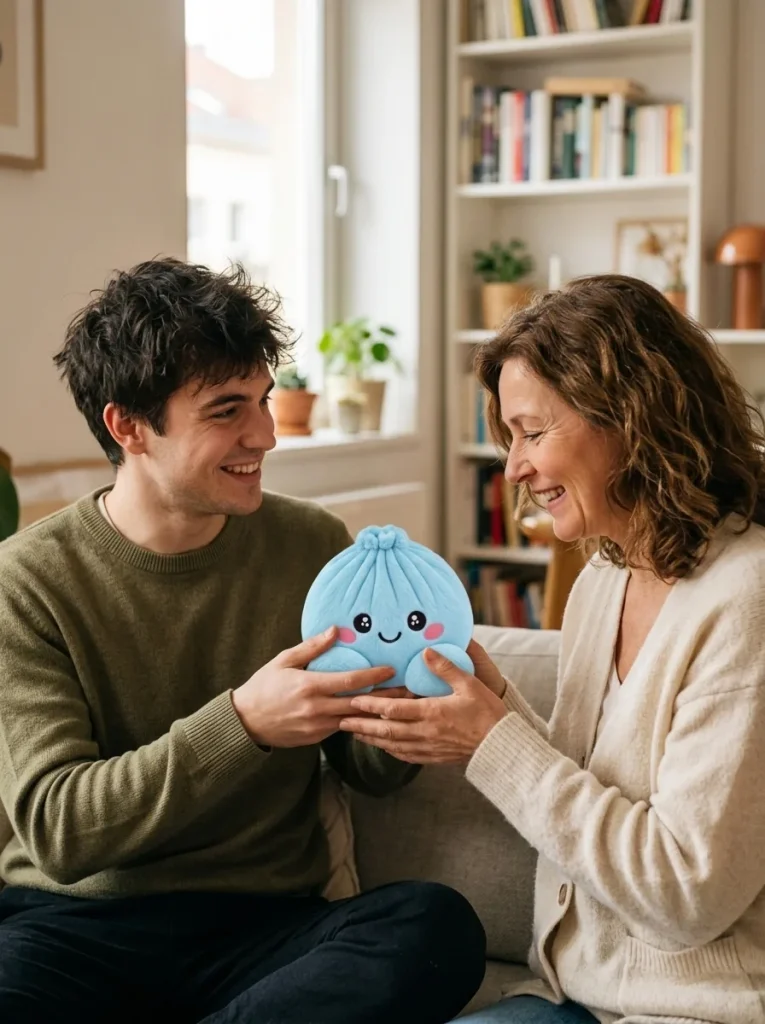Squishy Dumpling Bleu Ciel en Peluche offert en cadeau entre deux personnes