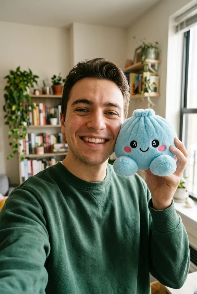 Squishy Dumpling Bleu Ciel en Peluche tenu près du visage — photo client