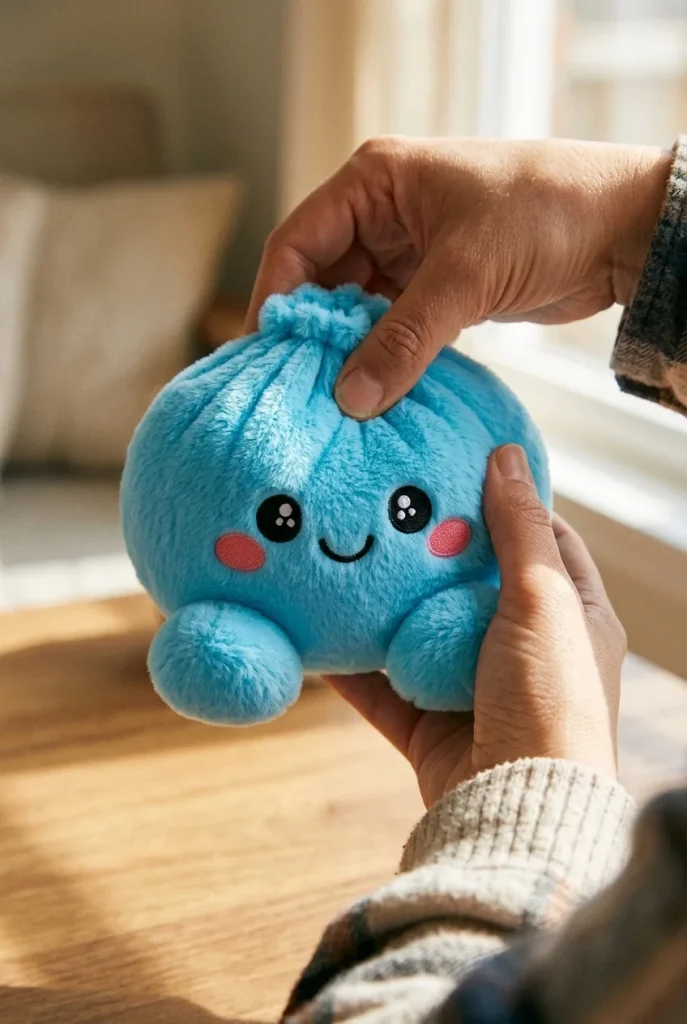 Squishy Dumpling Bleu Ciel en Peluche pressé dans la main — effet squishy slow-rise