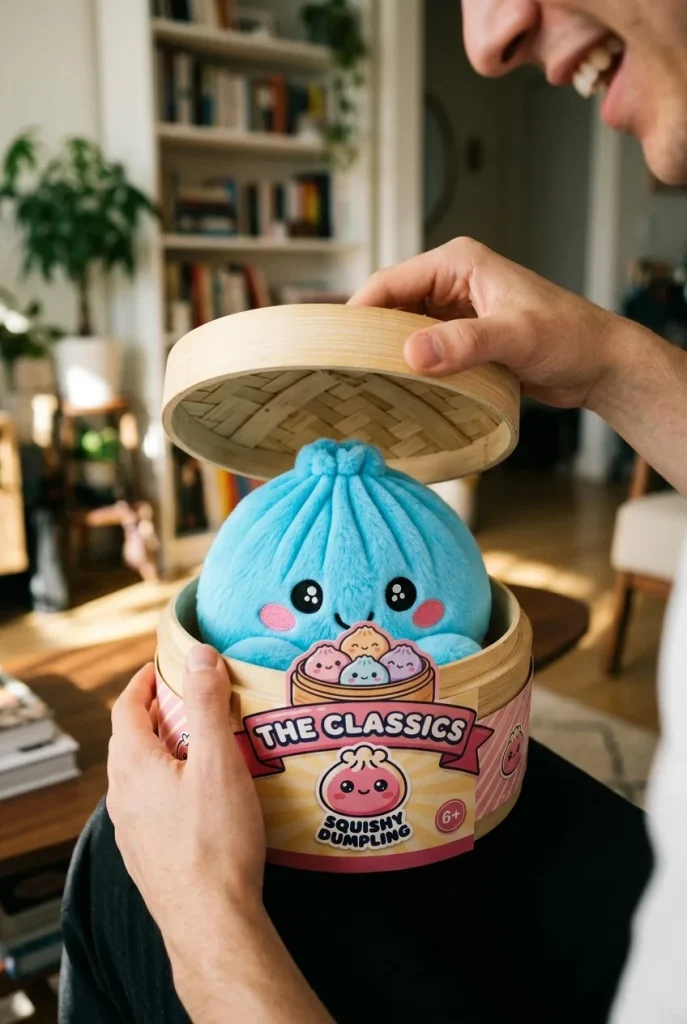 Déballage du Squishy Dumpling Bleu Ciel en Peluche — la boîte panier vapeur s'ouvre