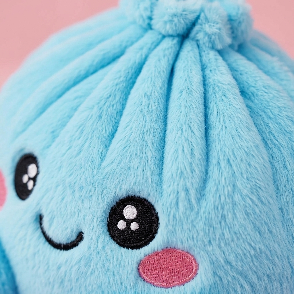 Squishy Dumpling Bleu Ciel en Peluche — gros plan macro sur la texture