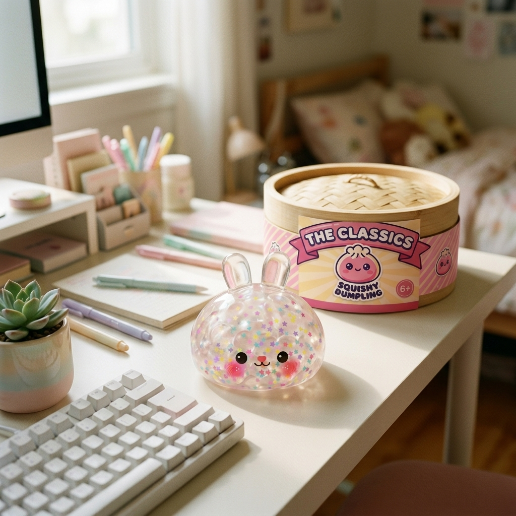 Squishy Dumpling Lapin Bulle en ambiance sur un bureau