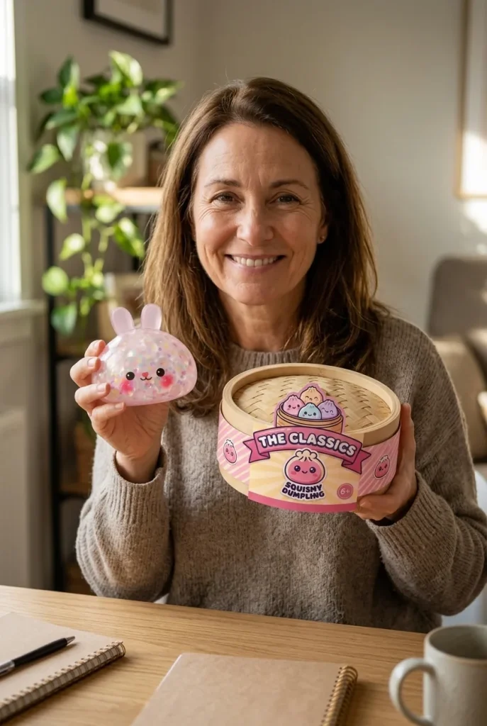 Squishy Dumpling Lapin Bulle présenté avec sa boîte panier vapeur — photo client