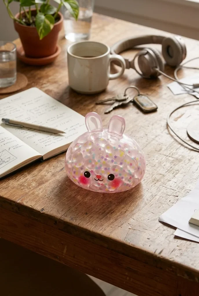 Squishy Dumpling Lapin Bulle posé sur un bureau, dans le quotidien