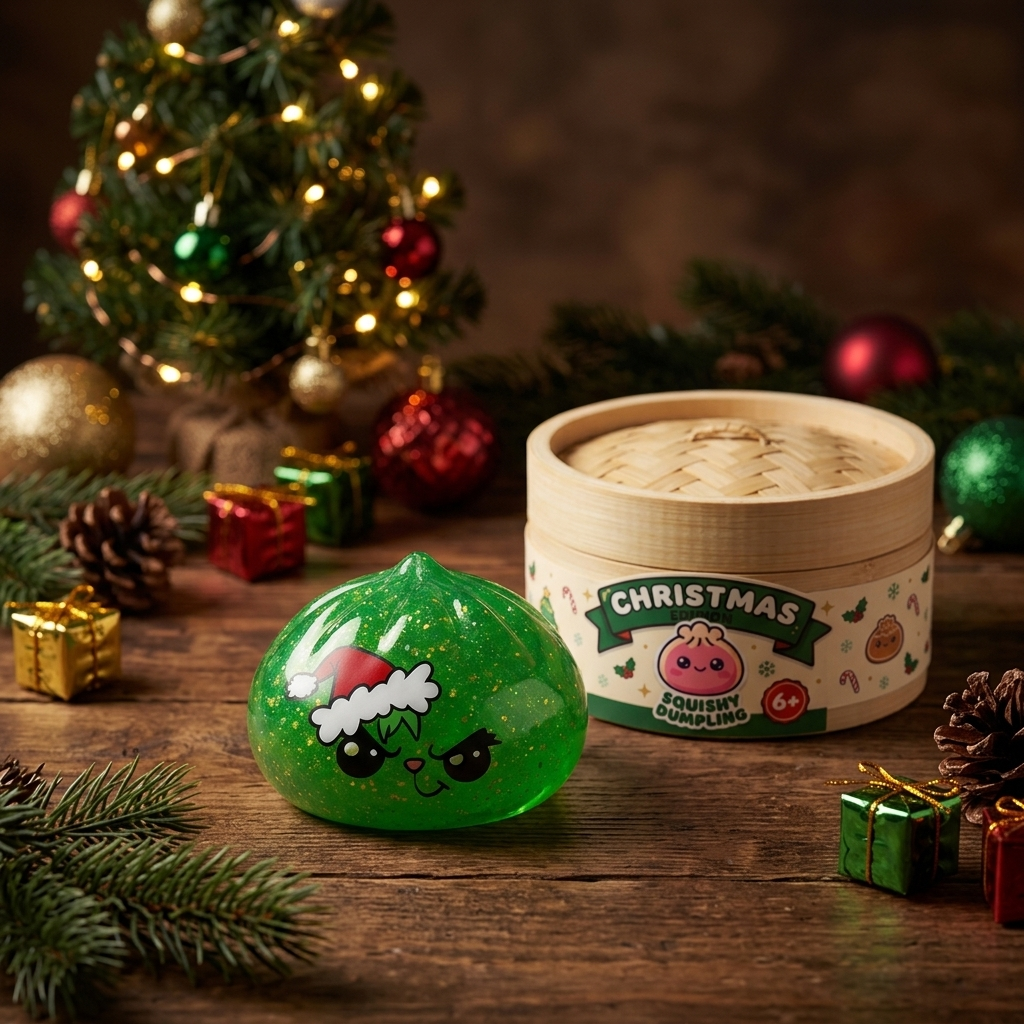 Squishy Dumpling Grincheux de Noël Glitter Vert en ambiance sur un bureau